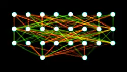 A two-layer feedforward artificial neural network with 8 inputs, 2x8 hidden and 2 outputs. Given position state, direction and other environment values outputs thruster based control values.