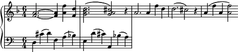 \language "english"{ \new PianoStaff << \new Staff \with{ \magnifyStaff #4/5 } \relative c' { \set Staff.midiInstrument =#"electric grand" \clef treble   \key d \minor \time 6/4
<f a>2. ~<a f>4 <a f'> <f d'> <g bf d>2.( <g a cs>2) r4 
a2. a4 f' d d2. (cs2) r4
a4 (f' a, <a f'>2) 
} \new Staff \with{ \magnifyStaff #4/5 }\relative c{ \set Staff.midiInstrument = #"electric piano 1" \clef bass
d4 cs' (d) f,4 a (bf) e, d' (cs) a, bf' (a)} >> }