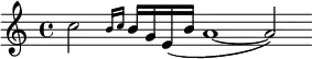 \relative c''{\set Staff.midiInstrument = #"fx 4 (atmosphere)"\clef treble\cadenzaOn  c2\grace { b16[c] } [b g e (b'] a1~a2) } 