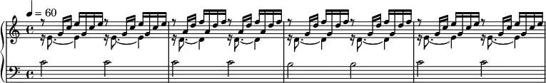 
{
      <<
      \new PianoStaff <<
        \new Staff\with{ \magnifyStaff #4/5 } <<
           \clef treble \key c \major \time 4/4 \tempo 4 = 60
           \new Voice \relative c'' {
                \voiceOne r8 g16 c e g, c e r8 g,16 c e g, c e 
                r8 a,16 d f a, d f r8 a,16 d f a, d f
                r8 g,16 d' f g, d' f r8 g,16 d' f g, d' f
                r8 g,16 c e g, c e r8 g,16 c e g, c e 
                }
           \new Voice \relative c' {
                \voiceTwo r16 e8._~ e4 r16 e8._~ e4
                r16 d8._~ d4 r16 d8._~ d4
                r16 d8._~ d4 r16 d8._~ d4
                r16 e8._~ e4 r16 e8._~ e4
                }
            >>
        \new Staff \with{ \magnifyStaff #4/5 }<<
           \clef bass \key c \major \time 4/4
           \new Voice \relative c' {
                c2 c c c b b c c
                }
            >> >>
    >>  }
